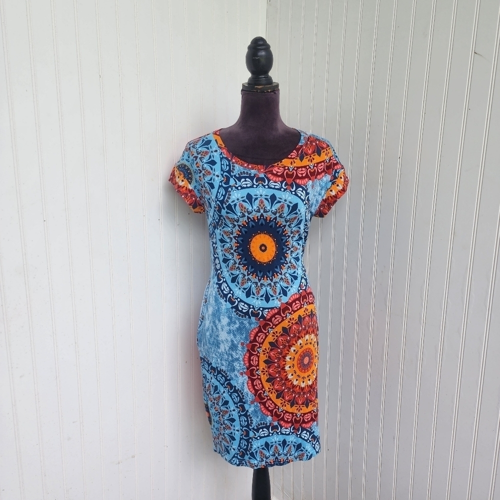 Popyoung Dress Womens Blue Floral Knit Boho Summer T Shirt Dress Casual Rayon S
